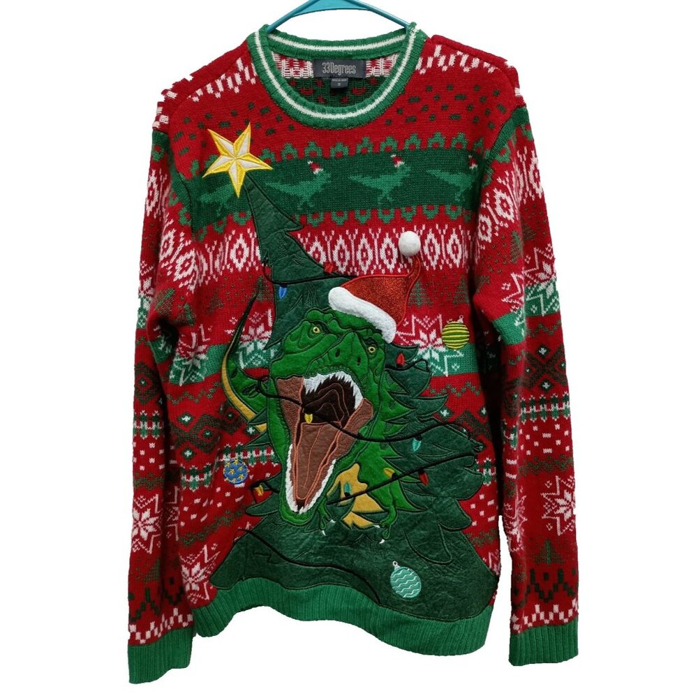 T Rex Dinosaur Ugly Christmas‎ Sweater Womens Size Small Embroidered 33 Degrees